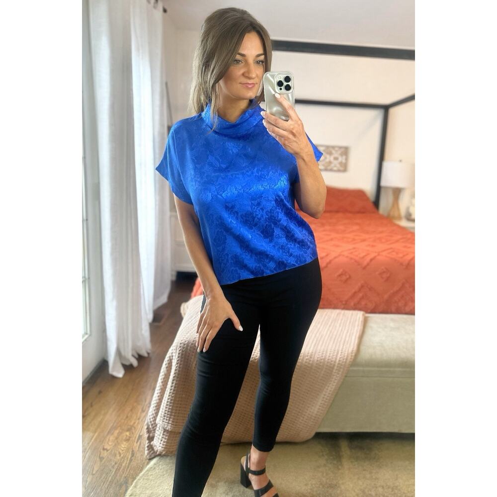 Vintage Greenwich Square Size 16 Large XL Royal Blue Silky Mock Neck Blouse
